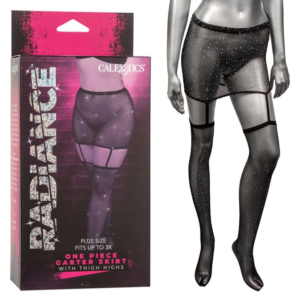 Plus Size OS Black with Rhinestones One Piece Garter Skirt With Thigh Highs